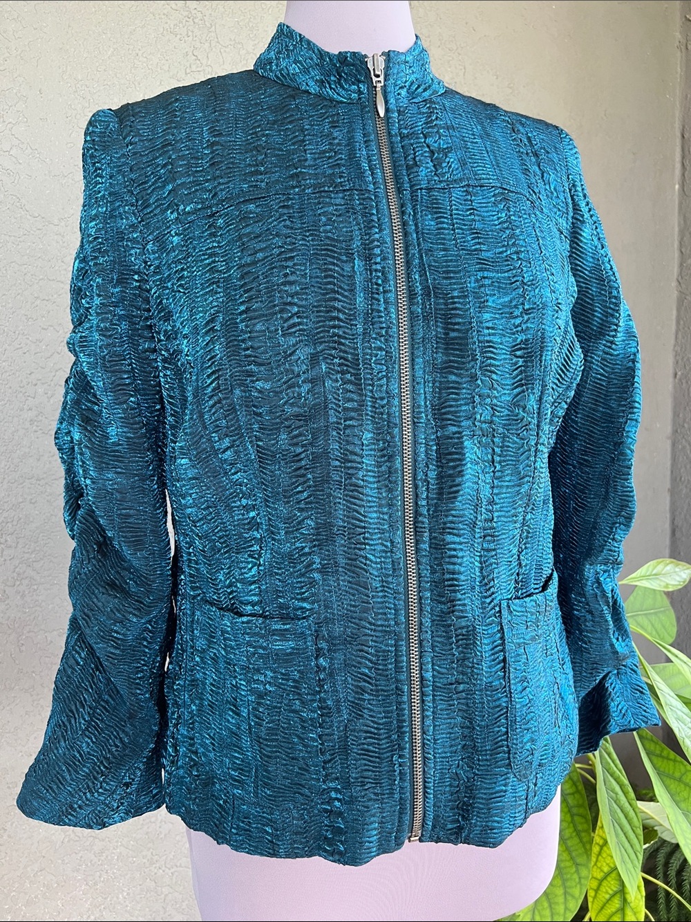 Chico’s Deep Teal Crinkled Long Sleeve Zip-Up Jacket Vintage 90’s Women’s Sz 1 - Picture 9 of 9